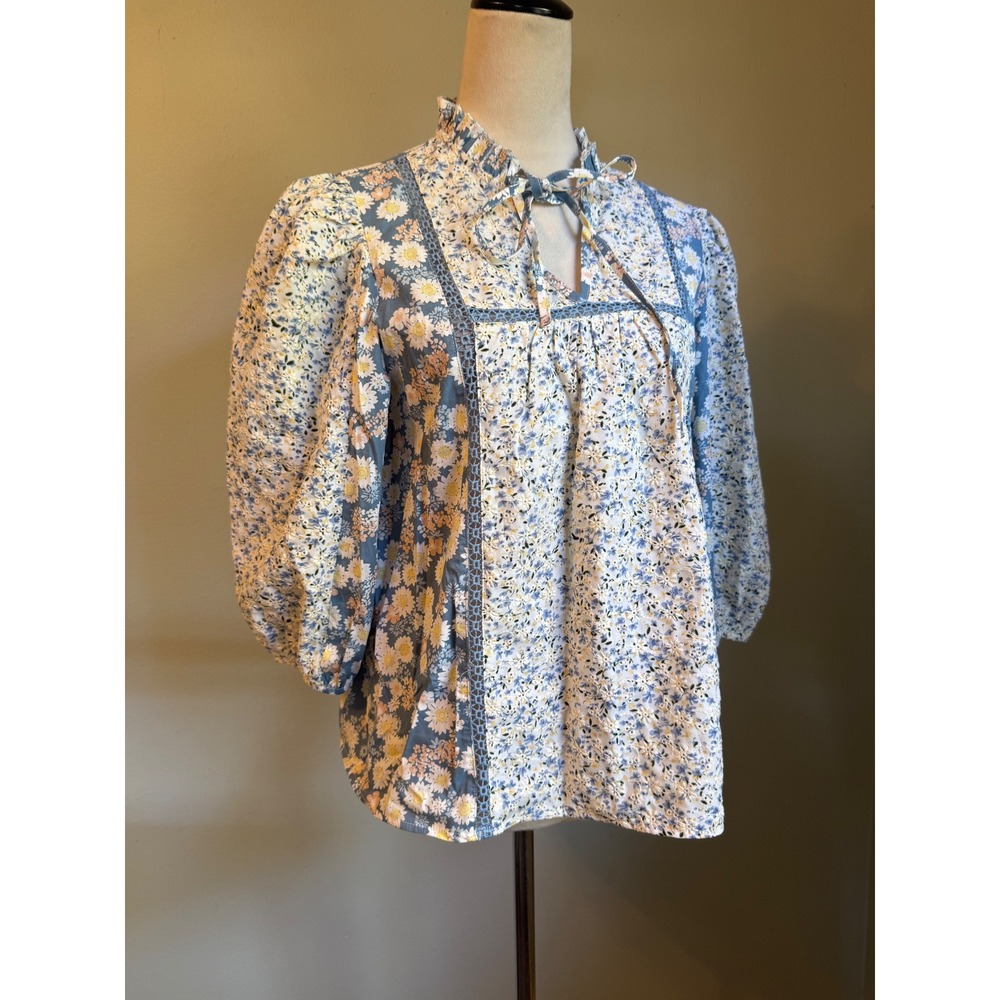 Solitaire Blue Floral Patchwork Ruffle Puff Top shirt blouse crochet boho cottag
